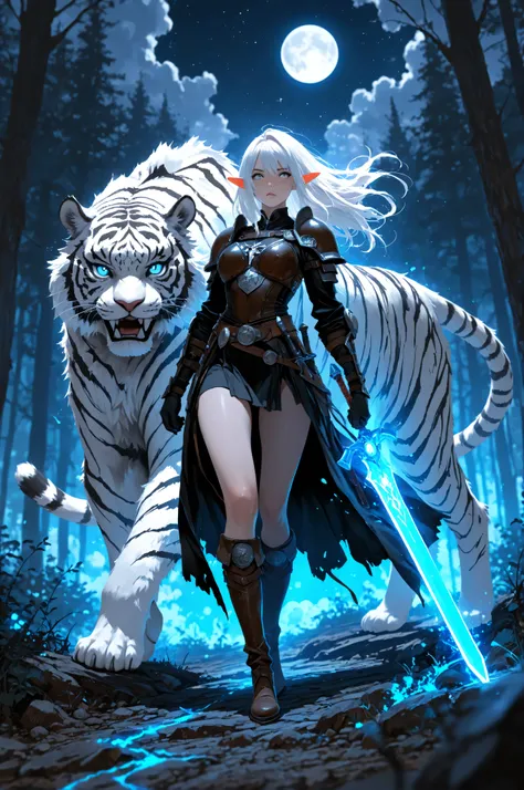 picture of a female dark elf ranger and her pet white tiger, warrior of nature, fighter of nature, a female beautiful epic drow wearing leather armor (masterpiece best quality, amazing quality), leather boots, black skin, thick hair, long hair, white hair,...