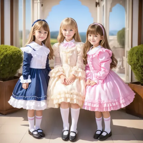 (( Distant Scenery,full body,standing:1.2)),Highest Quality, masterpiece, highest resolution, Artwork, super それにget used to it, many get used to it, get used to it, それにget used to it, 3k photos,,Three Ladies from a Noble Family,. ((10 year old European gir...