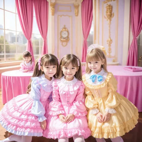 (( Distant Scenery,full body,standing:1.2)),Highest Quality, masterpiece, highest resolution, Artwork, super それにget used to it, many get used to it, get used to it, それにget used to it, 3k photos,,Three Ladies from a Noble Family,. ((10 year old European gir...