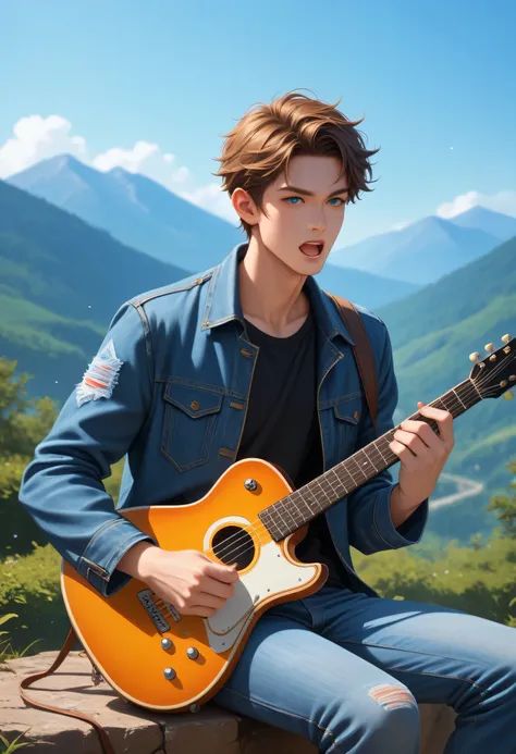 a skinny germany man, straight very short brown hair, blue eyes, wearing jacket and jeans, sitting with guitar on the mountain, sunny, day, singing