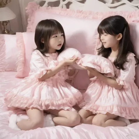 ,on the bed,((大きなon the bedの可愛い女の子たち)),((Childhood )),((Little Girls)), ((little girls Pillow Fighting on the bed,Pillow Fight:1.2,)),