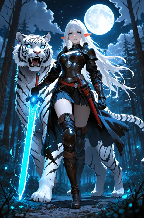 picture of a female dark elf ranger and her pet white tiger, warrior of nature, fighter of nature, a female beautiful epic drow wearing leather armor (masterpiece best quality, amazing quality), leather boots, black skin, thick hair, long hair, white hair,...