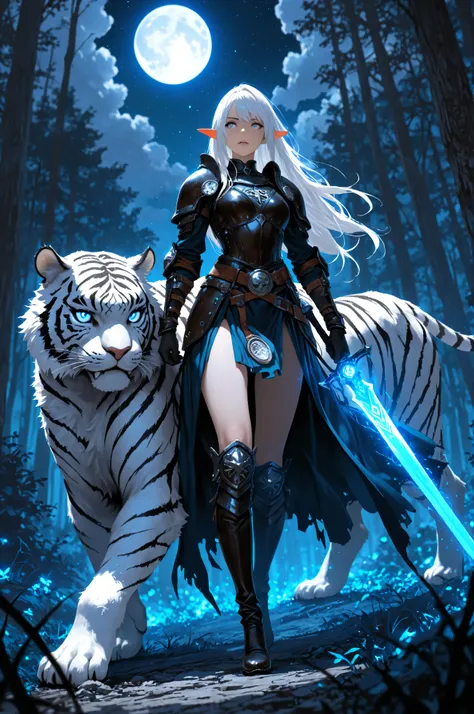 picture of a female dark elf ranger and her pet white tiger, warrior of nature, fighter of nature, a female beautiful epic drow wearing leather armor (masterpiece best quality, amazing quality), leather boots, black skin, thick hair, long hair, white hair,...