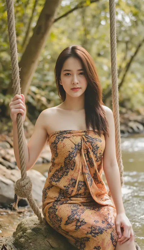 A tranquil riverside scene with a young woman beautiful tear drop breasts, sitting on a rope swing tied to a sturdy tree by the riverbank, gazing at the gentle flow of the clear water. She wears a Thai sarong, her hair softly swaying in the breeze. The war...