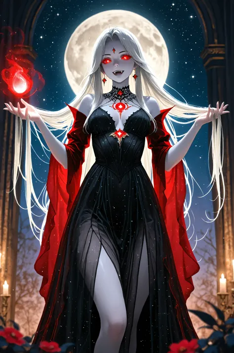 a picture of an epic beautiful female vampire, ghostly beauty, wearing transluminescent dress, black silk dress, intricate dress, transluminescent dress, transparent dress, red sleeves, epic beautiful female vampire, pale skin perfect body, ghostly beaut...