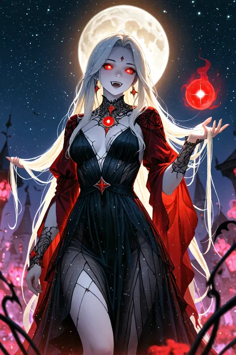 a picture of an epic beautiful female vampire, ghostly beauty, wearing transluminescent dress, black silk dress, intricate dress, transluminescent dress, transparent dress, red sleeves, epic beautiful female vampire, pale skin perfect body, ghostly beaut...