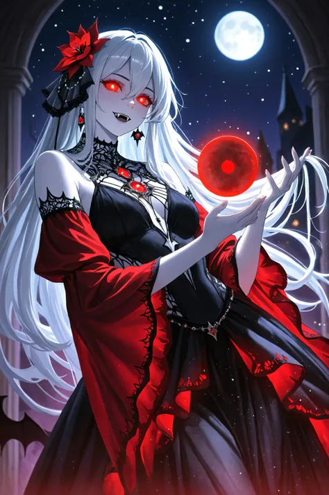 a picture of an epic beautiful female vampire, ghostly beauty, wearing transluminescent dress, black silk dress, intricate dress, transluminescent dress, transparent dress, red sleeves, epic beautiful female vampire, pale skin perfect body, ghostly beaut...