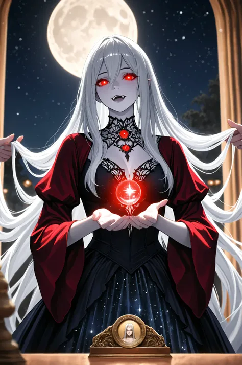 a picture of an epic beautiful female vampire, ghostly beauty, wearing transluminescent dress, black silk dress, intricate dress, transluminescent dress, transparent dress, red sleeves, epic beautiful female vampire, pale skin perfect body, ghostly beaut...