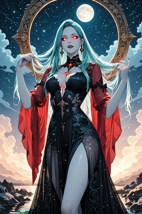 a picture of an epic beautiful female vampire, ghostly beauty, wearing transluminescent dress, black silk dress, intricate dress, transluminescent dress, transparent dress, red sleeves, epic beautiful female vampire, pale skin perfect body, ghostly beaut...