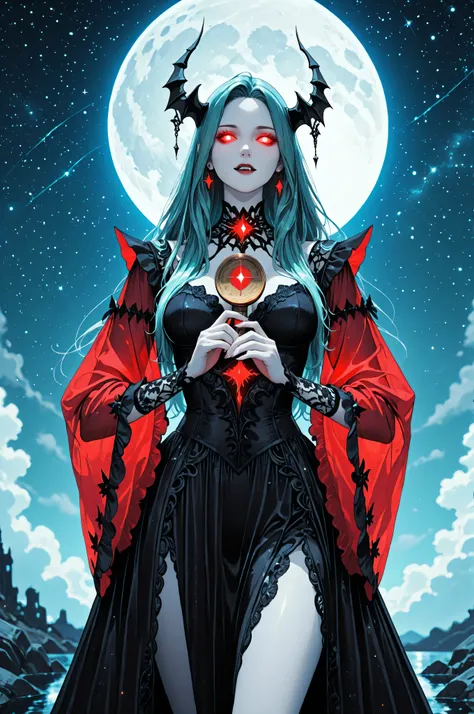 a picture of an epic beautiful female vampire, ghostly beauty, wearing transluminescent dress, black silk dress, intricate dress, transluminescent dress, transparent dress, red sleeves, epic beautiful female vampire, pale skin perfect body, ghostly beaut...