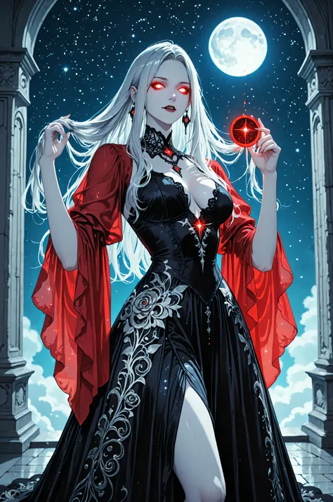 a picture of an epic beautiful female vampire, ghostly beauty, wearing transluminescent dress, black silk dress, intricate dress, transluminescent dress, transparent dress, red sleeves, epic beautiful female vampire, pale skin perfect body, ghostly beaut...