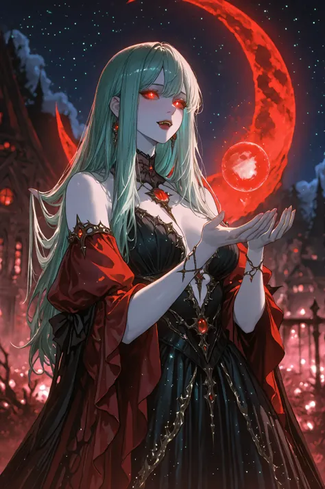 a picture of an epic beautiful female vampire, ghostly beauty, wearing transluminescent dress, black silk dress, intricate dress, transluminescent dress, transparent dress, red sleeves, epic beautiful female vampire, pale skin perfect body, ghostly beaut...