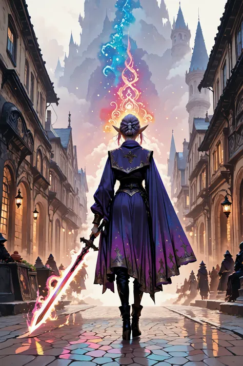 femillustration,aidmaMJ6.1,a picture of a female elf (intense details , Masterpiece , best quality) fantasy swashbuckler , fantasy fencer , armed with a slim sword , shinning sword , metallic shine , colorful clothes , dynamic clothing , an ultra wide shot...