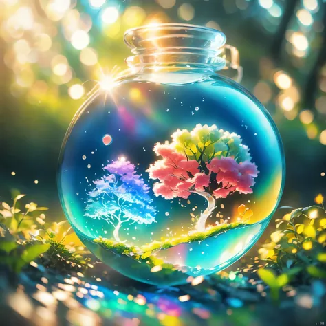 Cherry tree in a bottle, Fluffy, Practical, Atmospheric light refraction, photography:lee jeffries, Nikon d850 film stock photos 4 Kodak portra 400 camera f1.6 guns, Colorful, ultra Practical Practical textures, Dramatic Lighting, Unreal Engine Trends on a...