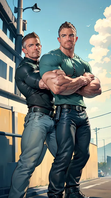 vpl,vpl,1 man, male focus solo,45 yo man, (((Stephen AMELL as private investigator))),  lean muscle, open blue shirt, marine blue jeans with brown belt ,( bulge), full body shot, dark blond short hair, BLUE GREEN EYES , well groomed facial hair, (((( HANDS...