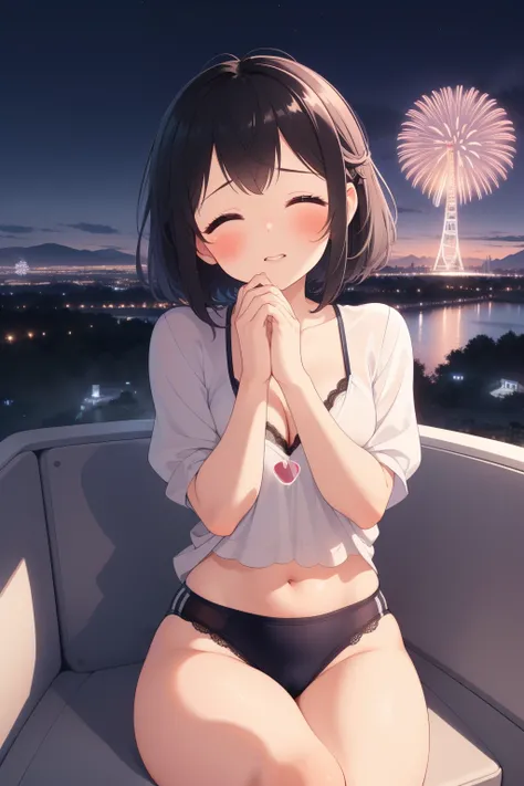 masterpiece, best quality,girl,ultra detail,blush,closed eyes,kissing,close up,cleavage,shy,night,town,ferris wheel,overlooking the scenery,glass housing in low sky,amusement park, sitting facing viewer,fireworks,spoken heart,join hands,black gymnastics bl...