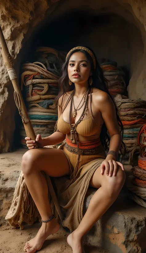 Ancient prehistoric age era, 
(Stone civilization age era:1.6), 

((Realistic cinematography ultra-wide depth intense details of realistically natural scenery of inner cave shelter)),stacked of thick fibers colorful ropes on the background,a detailed of pr...