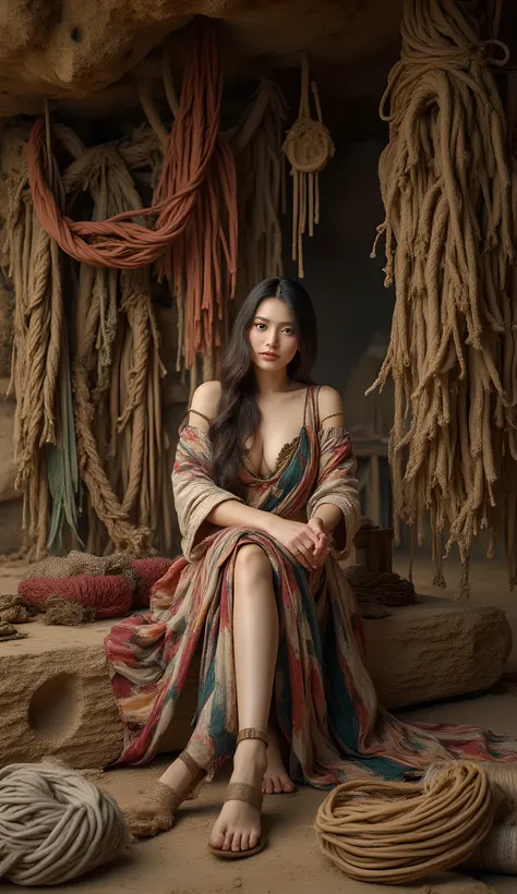 Ancient prehistoric age era, 
(Stone civilization age era:1.6), 

((Realistic cinematography ultra-wide depth intense details of realistically natural scenery of inner cave shelter)),stacked of thick fibers colorful ropes on the background,a detailed of pr...