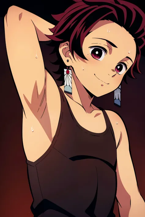High Resolution, Masterpiece, Best quality, Top Quality, high quality, high detail, Anime Style, 1 boy, Shota, young boy, Tanjiro, red hair, earrings, Solo person, Tank top, smile, Flat chest, Upper body, Seen from the front, looking at viewer, Simple back...