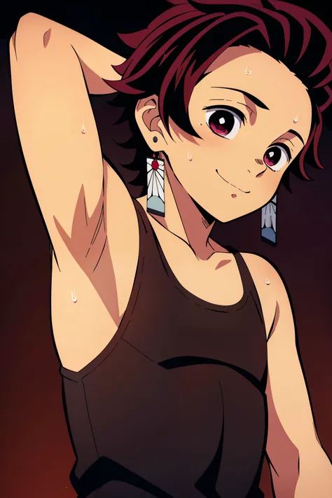 High Resolution, Masterpiece, Best quality, Top Quality, high quality, high detail, Anime Style, 1 boy, Shota, young boy, Tanjiro, red hair, earrings, Solo person, Tank top, smile, Flat chest, Upper body, Seen from the front, looking at viewer, Simple back...