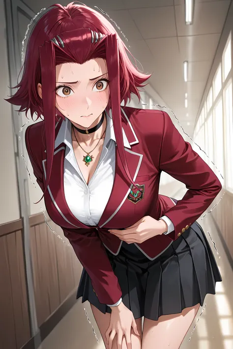 akiza, 1girl, solo, brown eyes, jewelry, choker, necklace, red hair, jacket, red jacket, blazer, short hair with long locks, shirt, white shirt, school uniform, skirt, black skirt, half body shot, 
 general, Solo, masterpiece, highres, ultra-detailed, hype...