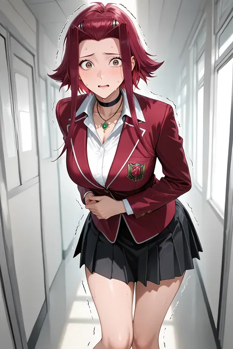 akiza, 1girl, solo, brown eyes, jewelry, choker, necklace, red hair, jacket, red jacket, blazer, short hair with long locks, shirt, white shirt, school uniform, skirt, black skirt, half body shot, 
 general, Solo, masterpiece, highres, ultra-detailed, hype...