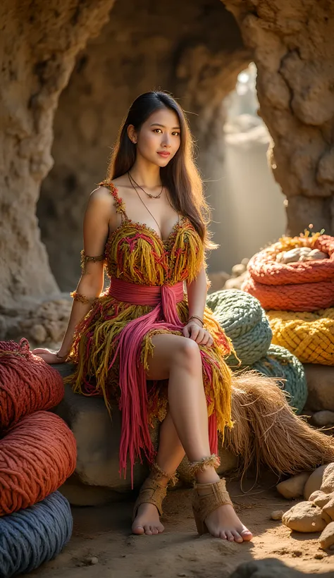 In this vivid prehistoric cave scene, a primitive woman sits gracefully, enveloped in a long tunic made from intricately woven, colorful plant fibers and ropes. Surrounding her are stacks of thick, vibrant colorful ropes that emphasize the tribal essence o...