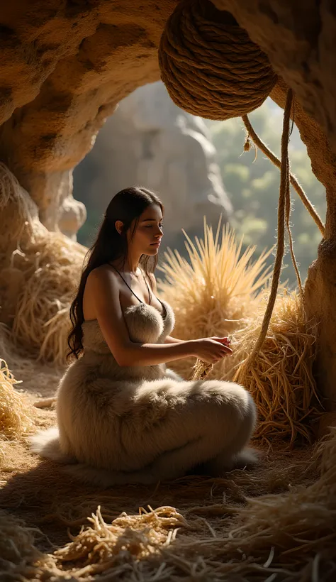 In a vividly detailed prehistoric cave shelter, a primordial female figure sits gracefully amidst thick coils of flax fiber ropes, her long fur tunic robe enveloping her shapely, symmetrically curvaceous form. The scene is bathed in the warm glow of the af...