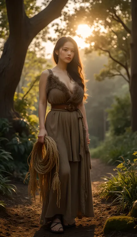 In the heart of an ancient prehistoric forest, a primordial female figure stands gracefully, clutching a thick coil of flax fiber rope. She is dressed in a long, fur-lined primitive tunic that flows naturally around her shapely, curvaceous form. The scene ...