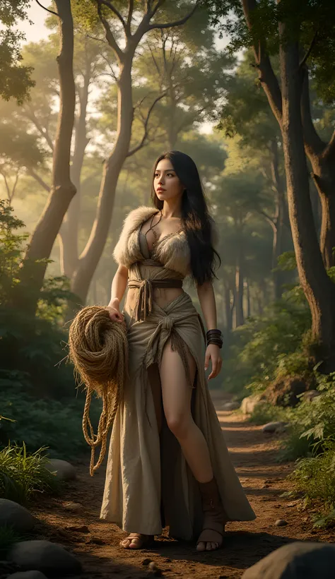 In the heart of an ancient prehistoric forest, a primordial female figure stands gracefully, clutching a thick coil of flax fiber rope. She is dressed in a long, fur-lined primitive tunic that flows naturally around her shapely, curvaceous form. The scene ...