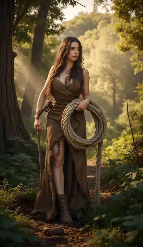 In the heart of an ancient prehistoric forest, a primordial female figure stands gracefully, clutching a thick coil of flax fiber rope. She is dressed in a long, fur-lined primitive tunic that flows naturally around her shapely, curvaceous form. The scene ...