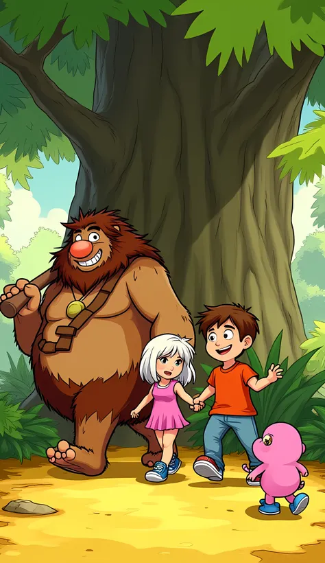 A comic-style illustration depicts an animated scene with cartoon characters in a forest-like environment. The background shows a large tree with, stylized green leaves, and the floor is bright yellow, suggesting a sunny day. The colors are striking and vi...