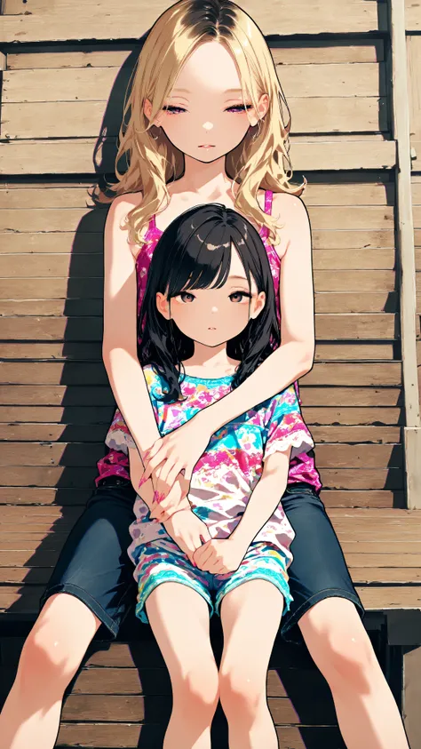 [gyaru:1.3], cool beauty, 2 women, loli, long hair, slender body, half-closed eyes, rest, exotic fashion, Japan_castle, feet out of frame,