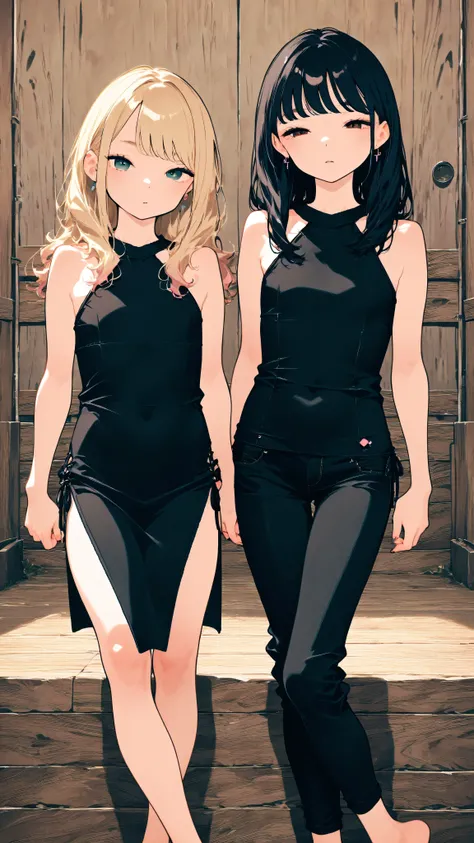 [gyaru:1.3], cool beauty, 2 women, loli, long hair, slender body, half-closed eyes, rest, exotic fashion, Japan_castle, feet out of frame,