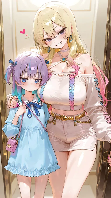 AmeChan, [gyaru:1.3], cool beauty, 2 women, onee-loli, gradation color hair, slender body , exotic fashion, Japan motif room, girl inside Heart-shaped case, dreamy color,