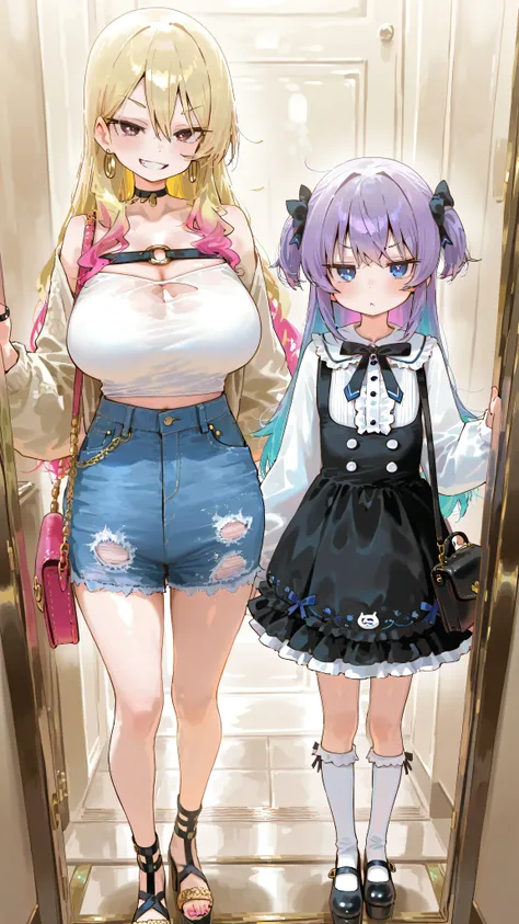 AmeChan, [gyaru:1.3], cool beauty, 2 women, onee-loli, gradation color hair, slender body , exotic fashion, Japan motif room, girl inside Heart-shaped case, dreamy color,