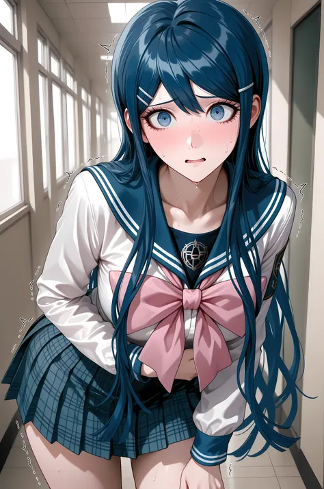 detailed_eye_model,Maizono Sayaka, Danganronpa, blue hair, long hair, bangs, blue eyes, hair ornament, blue hair, hairclips, focus eyes,
long sleeves, bow, school uniform, collarbone, serafuku, bowtie, sailor collar, pink bow, large bowtie, miniskirt, na...