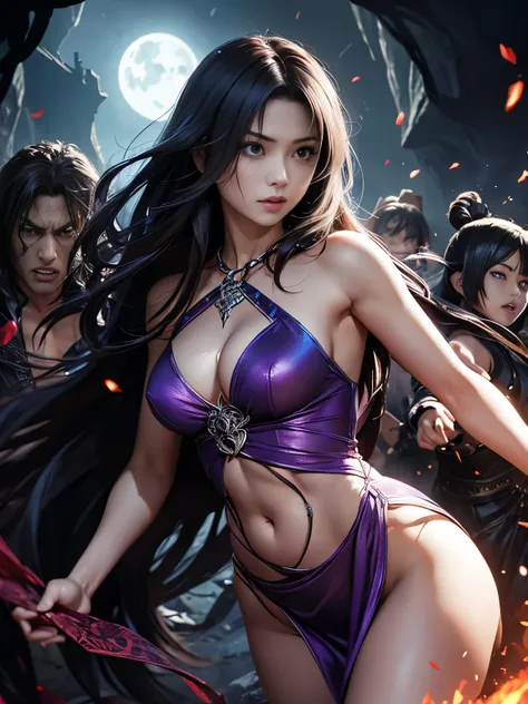 Photorealistic、realistic Japanese anime、torture、 slave、limit、 bondage、captured by monsters 、surrounded by monsters 1 :5、、 beautiful woman with very long purple hair（fluffy hair、Small breasts、slim figure visible to the navel、firm abdomen after confrontation...