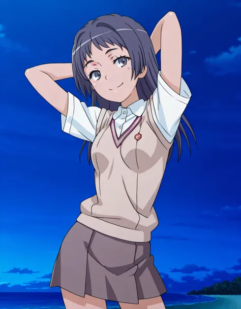 maaya awatsuki \(railgun\), Toaru Kagaku no Railgun & Index anime style, dark blue hair, long hair, bangs, sidelocks, blue eyes, school uniform, skirt, small breasts, anime screencap, high quality, solo, shiny skin, night sky, beach, arms behind head, (co...
