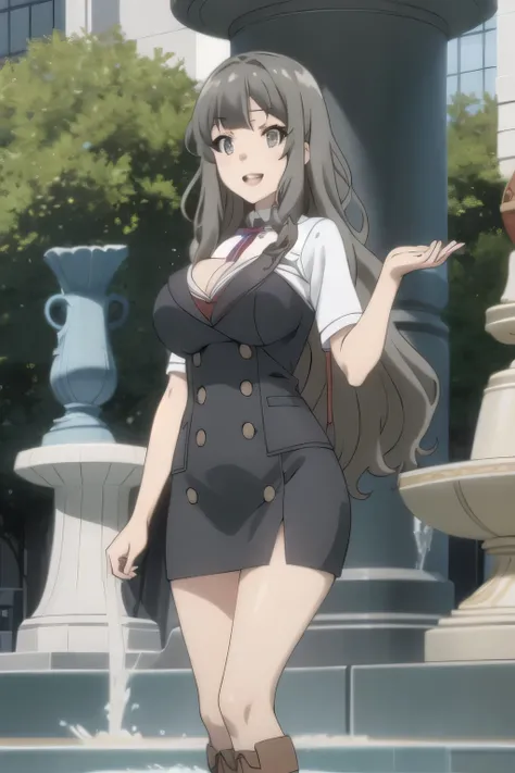 Can you focus on the，Smiling Yang，Big breasted college student，skirt，boots，face trimming teeth prohibited， Clearly ,teeth。，Alone，face standing in the fountain square and draw sharply，Official anime CG，A woman with long waves even if she teeth slender and h...