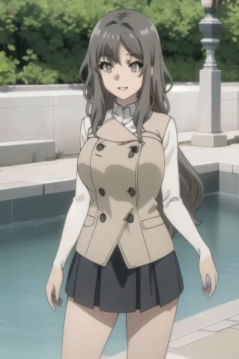 Can you focus on the，Smiling Yang，Big breasted college student，skirt，boots，face trimming teeth prohibited， Clearly ,teeth。，Alone，face standing in the fountain square and draw sharply，Official anime CG，A woman with long waves even if she teeth slender and h...