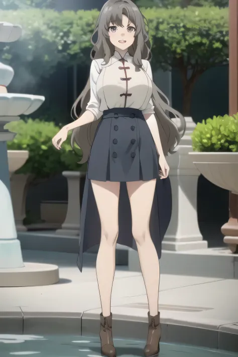 Can you focus on the，Smiling Yang，Big breasted college student，skirt，boots，face trimming teeth prohibited， Clearly ,teeth。，Alone，face standing in the fountain square and draw sharply，Official anime CG，A woman with long waves even if she teeth slender and h...