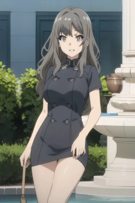 Can you focus on the，Smiling Yang，Big breasted college student，skirt，boots，face trimming teeth prohibited， Clearly ,teeth。，Alone，face standing in the fountain square and draw sharply，Official anime CG，A woman with long waves even if she teeth slender and h...