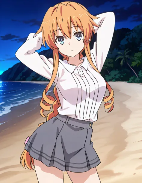 aayuzuru, blue eyes, orange hair, braided ponytail, drill hair, medium breast, yuzuruc1, white shirt, long sleeves, grey skirt, anime coloring, high quality, solo, night sky, beach, hands behind head, ((contrapposto)), closed mouth, cowboy shot, looking at...