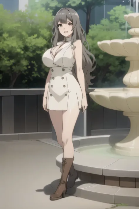 Can you focus on the，smiling Yang，Big breasted college student，skirt，boots，face trimming teeth prohibited， Clearly  ,teeth。，Alone，Face that can be drawn sharply while standing on a fountain square，Official anime CG，A woman with long waves even if she teeth...