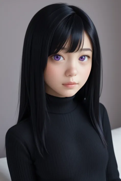 1girl, Solo, High Resolution, Accurate, Best Quality, High Details, High Quality, Black Hair, Long Hair, purple eyes, black sweater