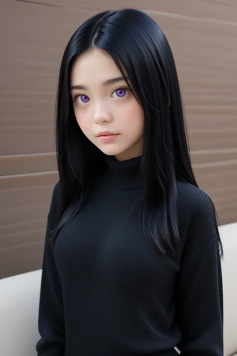 1girl, Solo, High Resolution, Accurate, Best Quality, High Details, High Quality, Black Hair, Long Hair, purple eyes, black sweater