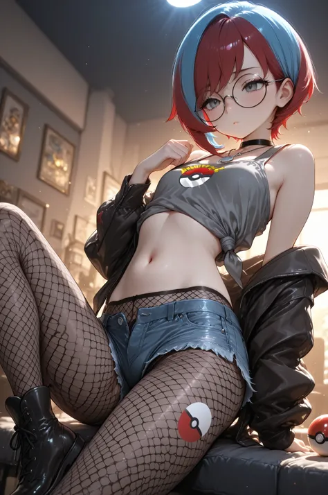 pennypokemon,HDR,Dynamic lighting,masterpiece, best quality,detailed, high resolution, 8k, highly detailed, ultra detailed, beautiful lighting,best quality, short hair, multicolored hair, two-tone hair, red hair, blue hair, bangs, grey eyes,glasses, round ...