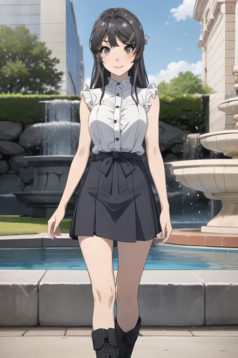 moreover, people々wearing normal clothes,long black hair，Smile Yang，standing，can you draw the woman in front of the park's fountain，Big breasted college student wearing plain clothes, huge breasts, sleeveless clothes，skirt，amazing thighs ，Beautiful legs，boo...