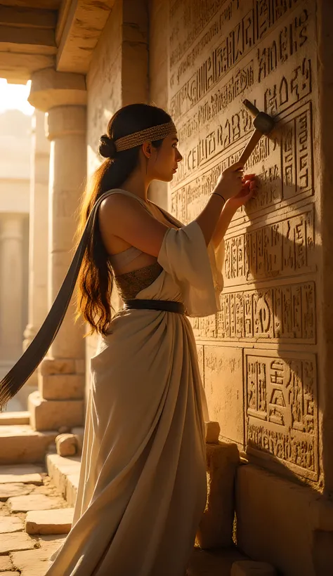 In the warm glow of an ancient Sumerian temple, a woman clad in a flowing tunic cloak meticulously carves ultra intricate cuneiform symbols into the stone wall. Her focused movements, guided by a precise hammer and nail, reveal the artistry of a wise sage ...